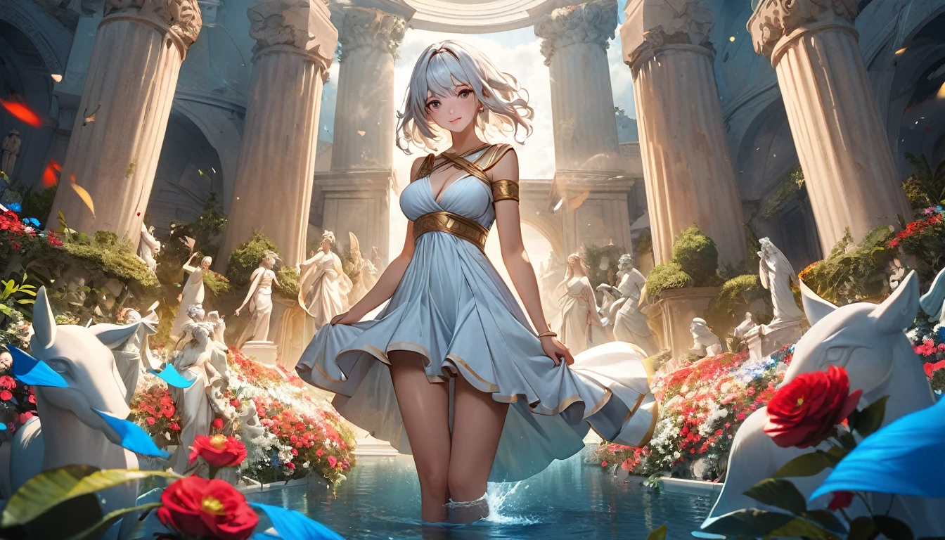 (8k, highest quallity, obra de artistry),(realisitic, RAW Photos, Super fine clear), realisitic Light, skin detailed, Beautiful sculpture of , stone statue, ((25 years old girl, Statue of Nikke from Greek mythology:1.5)), fine legs, fine grain, long white hair, detailed fingers, fine tune, sexuell, Ecstatic facial expressions, (Super large bust, bouncy and firm), The dress has a wide opening at the chest, exposing breasts, (Ancient Greek Dresses), (Garden, Flower storm), Palace by the lake, (artistry:1.5), dark realisitic, psychopath, bloodstains