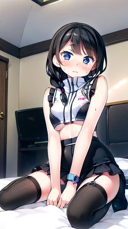 (Highest quality), (masterpiece), 1080P, High resolution, 4K, 8k, Thigh straps, Shooting from directly below, The woman on top of me, Nipples, 白いSweat, Covered , Sweat, Woman looking down, Micro Bikini, Skirt swimsuit, Thigh-high socks, To achieve this, 16 years old, Small breasts, whole body, Black leather shoes, Braided hair, Inner Color, Embarrassed face, Short black hair, bracelet, Bedroom,celestial body_Vest