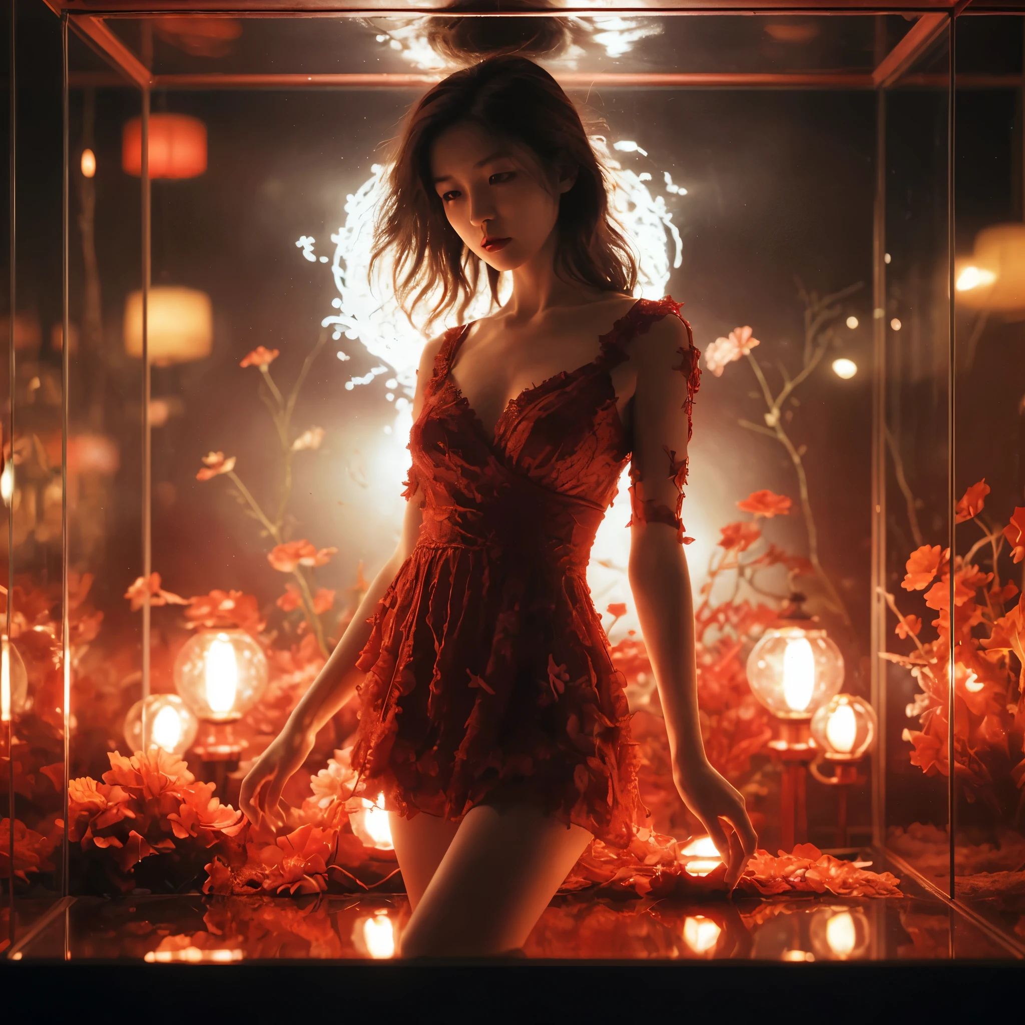 (red mood, red lamp source of light) backlight dramatic night photography, night scene, 40 years japanese old women, pale face, very thin body, very messy brown hair, wearing red flower mini dress, posing inside red glass aquarium display, profile pic, instrument. epicrealism, atmospheric, film dramatic realism, low tone photography, hard focus realism --ar 36:61 --stylize 750 --v6