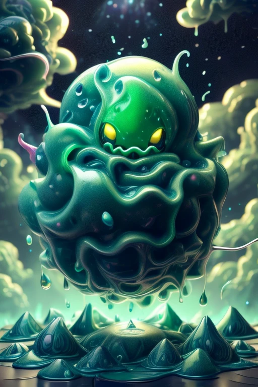 Slime monster, amorphous slime of monstrous colors ,Slime creature with tentacles and many mouths,
masterpiece,Highest quality,8k,High resolution,
Fantastic,scary,horrific, non euclidean
Please draw a amorphous slime mosnter from H.P. Lovecraft. bubbly slime monster of viscous ooze with tendrils of slime. Slime monster in a alien world, slime droplets and puddles litter the world. dark blue cloudy sky, madness of slime, slime bubbling and pulsating. stone covered by the gooey slime. Monster slime.