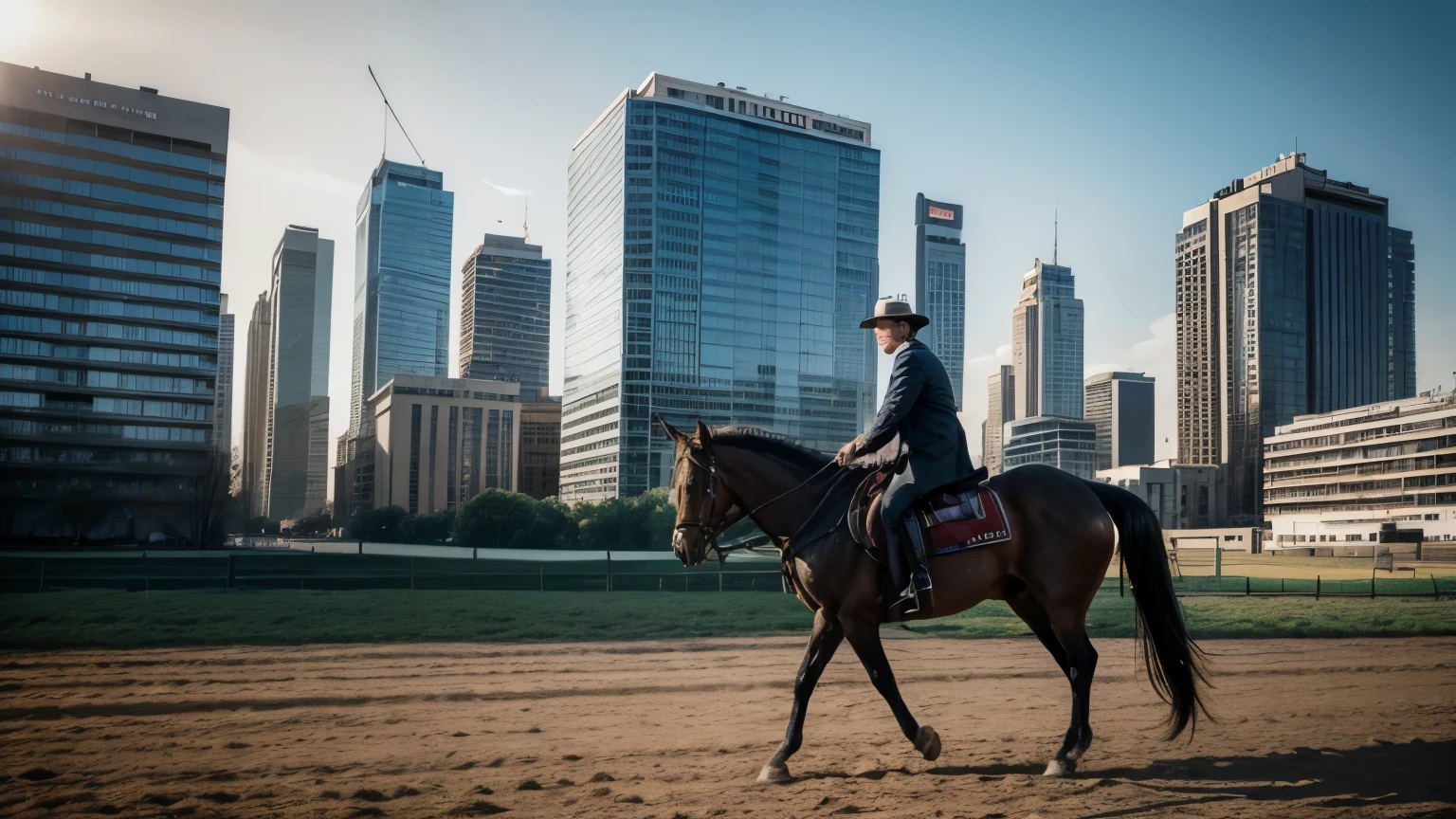 best qualityer, ultra high resolution, (photorrealistic:1.4), work of art, paisaje, wide angle,two photos, farm, man riding a horse, big city, sharp contrast ,, black jersey