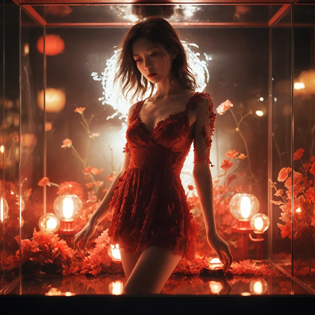 (red mood, red lamp source of light) backlight dramatic night photography, night scene, 40 years japanese old women, pale face, very thin body, very messy brown hair, wearing red flower mini dress, posing inside red glass aquarium display, profile pic, instrument. epicrealism, atmospheric, film dramatic realism, low tone photography, hard focus realism --ar 36:61 --stylize 750 --v6