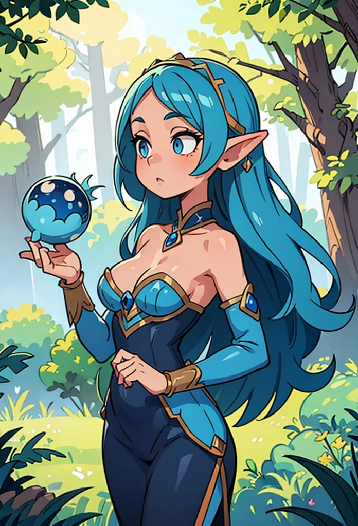 ((best quality, masterpiece)), elf, blue hair, Revealing clothing, enchantress, magic, beautiful background,1 girl