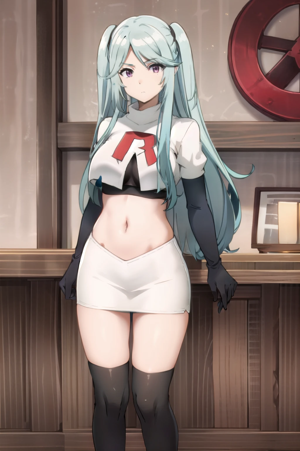 tall body, tall, long legs, mature female, mature, adult, simple background,
 eft_eminence_epil, 1girl, twintails, purple eyes, long hair, looking at viewer, solo focus, bangs, blue hair, indoors, very long hair, breasts, sidelocks, team rocket,team rocket uniform,white skirt,red letter R,crop top,black thigh-highs,black elbow gloves