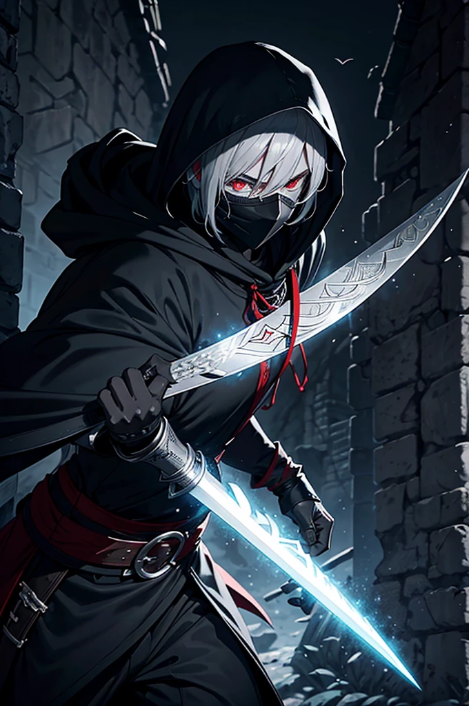 An assassin, male, fantasy character, physically strong, wearing a skull mask covering his face and eyes, dressed in black medieval attire, with a white hooded cloak over it, gray hair, short hair, red eyes, holding a dagger, nighttime background.