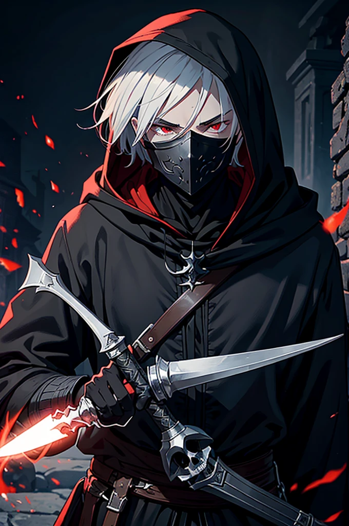 An assassin, male, fantasy character, physically strong, wearing a skull mask covering his face and eyes, dressed in black medieval attire, with a white hooded cloak over it, gray hair, short hair, red eyes, holding a dagger, nighttime background.