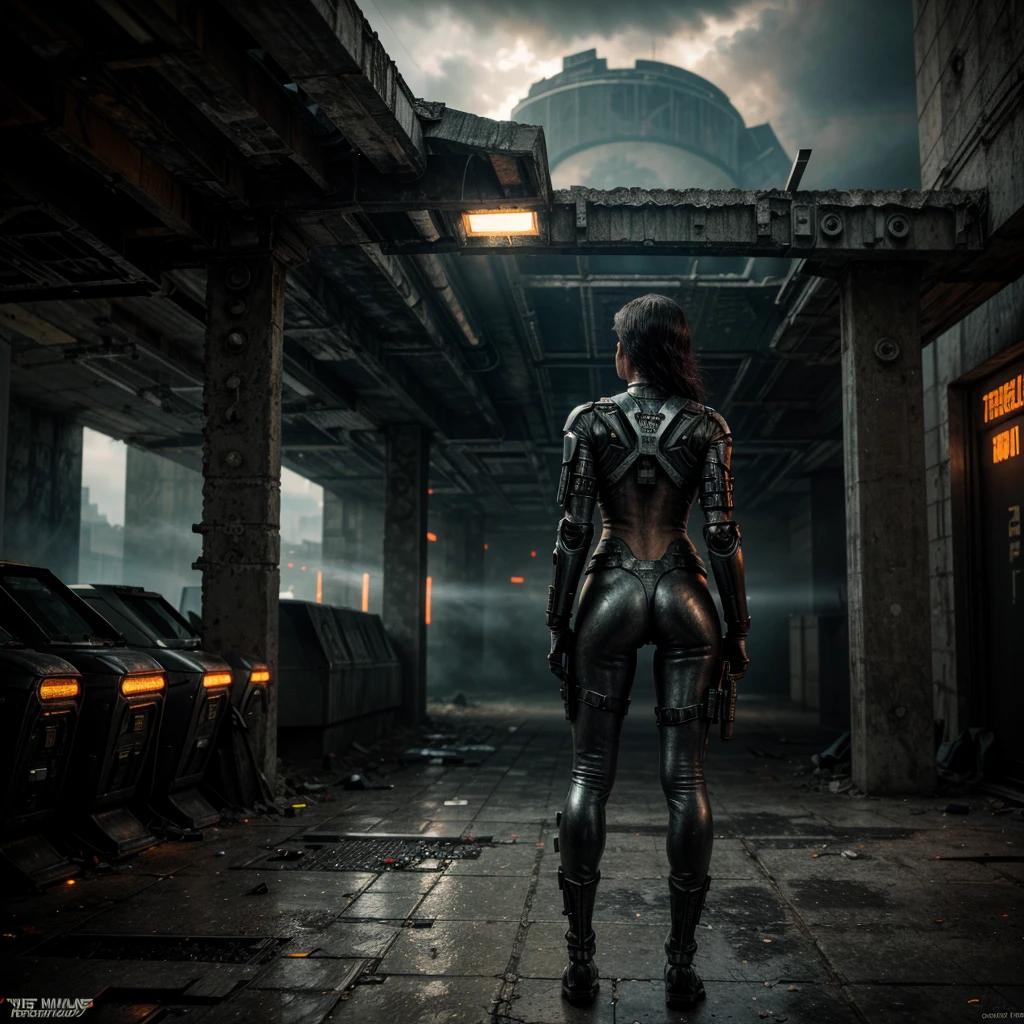 A woman in futuristic light armor in an abandoned section of a dystopian futuristic city as seen from behind, ((firing weapon at unseen enemy)), (rifle), one woman, lone figure, night render, graffiti, worn and faded signage, cyberpunk, flashing lights, fog and mist, industrial atmosphere of dark fantasy, Ghost in the Shell and Bladerunner inspiration, disturbing, unnerving, creepy, unsettling, cloudy weather, steel textures, cement and stone textures, rust textures, Sublime rendering, extreme detailing, dynamic background, 32k maximalist, fantasy art, sharp lines, masterpiece