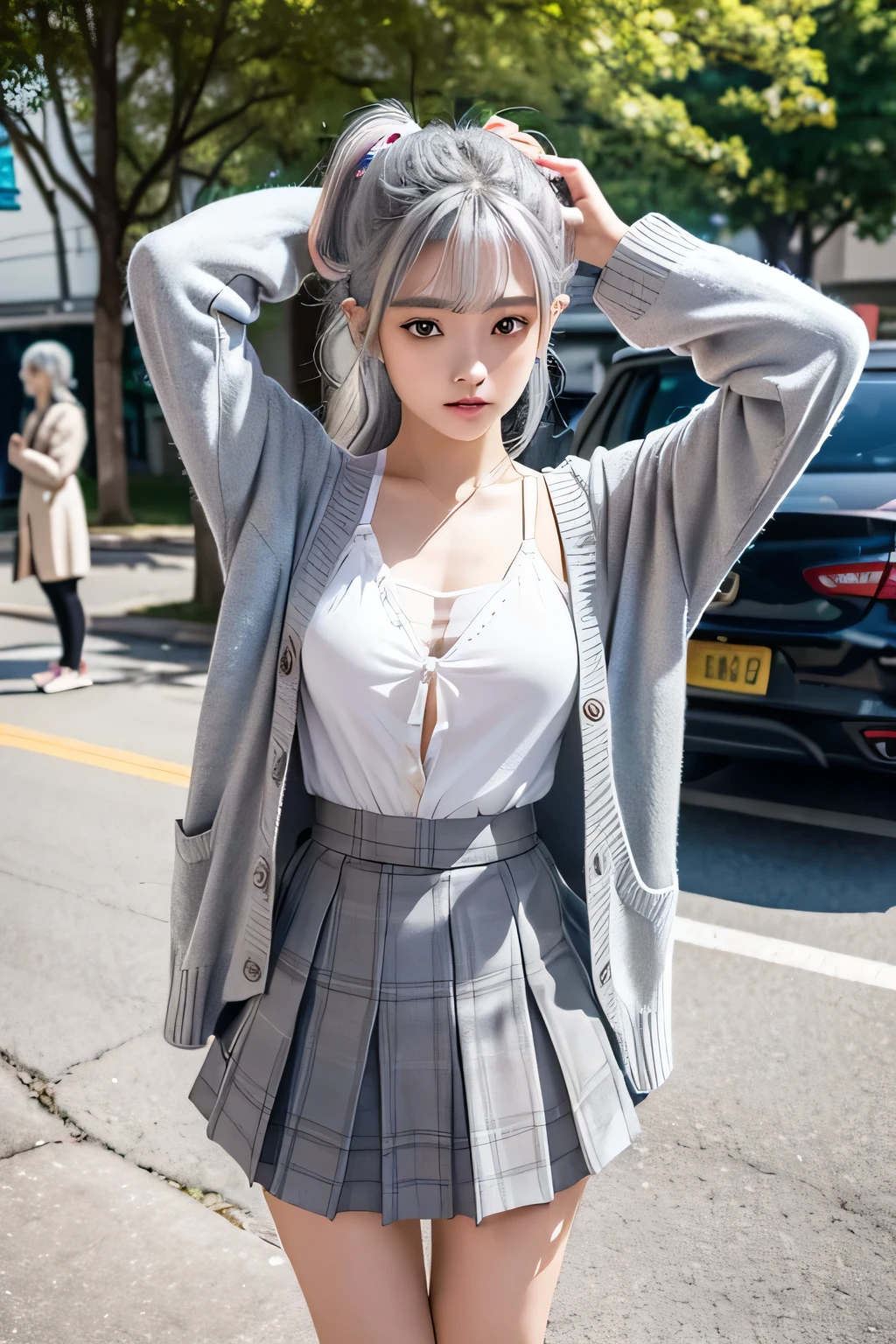 masterpiece , Highest quality,Nahida(Genshin Impact) ,One girl , Small breasts,Long Hair ,Side Ponytail, hair ornaments , Gray Hair , Silver colored hair , Place your hands behind your head:1.5,Multicolored Hair, Fairy , Pointed Ears , , skirt ,cardigan,road , street,Looking at the audience