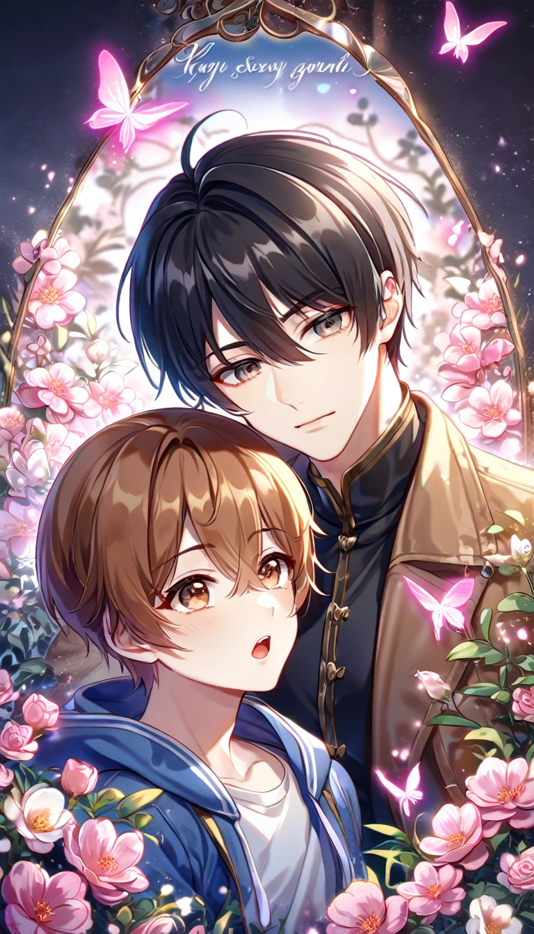 absurdres, highres, ultra detailed, HDR, master piece, best quality, extremely detailed face, delicated features, Zhang Qiling, black hair, expressive gray eyes, hair between the eyes, with bangs, The Lost Tomb, Wu Xie, brown hair, expressive brown eyes, two sexy men together, yaoi, gay couple, handsome, blue hooded jacket, brown coat, fantasy, magical, pink butterflies, spring, pink leaves, pink flowers, garden