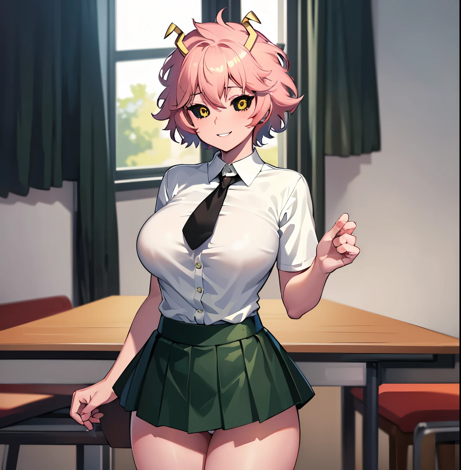 ((1girl)),((alone)),mina ashido,(masterpiece), (best quality), (ultra detailed), (best illustration), (best shadow), (absurdities), sharp focus, cowboy shot , dynamic posture looking at the viewer, big breasts, narrow waist, wide hips, wide thighs, round butt, erotic, romantic, (very detailed eyes, lips 1.1), very detailed eyes, eyes, Very detailed face, Very beautiful face, height complete, beautiful slim figure, femininity, expressive appearance, big elastic breasts, sexuality, pink skin, pink hair, short hair, horns,((yellow eyes)),((black sclera)),((yellow irises)),( (black pupil )), collared shirt, ((white shirt:1.4 )),(( red tie:1.3)), fitted shirt, ((neckline:1.3)), short sleeve,(( green skirt:1.3)) , ((short skirt:1.2)), tight skirt, (socks: 1.2), (black socks: 1.1), ((brown loafers:1.2)), defined body, perfect and beautiful body, perfect and beautiful, closed mouth, smile, happy smile, blushing, (sexy pose: 1.2), ((solo)), standing: 1.3, indoor, school, classroom, desk, chairs, desks, window, sunset, looking forward, ((focus on thighs)), point of view: (from the middle), perfect anatomy, perfect hands