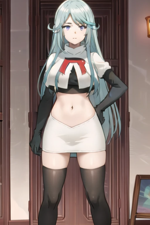 tall body, tall, long legs, mature female, mature, adult, simple background,
 eft_eminence_epil, 1girl, twintails, purple eyes, long hair, looking at viewer, solo focus, bangs, blue hair, indoors, very long hair, breasts, sidelocks, team rocket,team rocket uniform,white skirt,red letter R,crop top,black thigh-highs,black elbow gloves