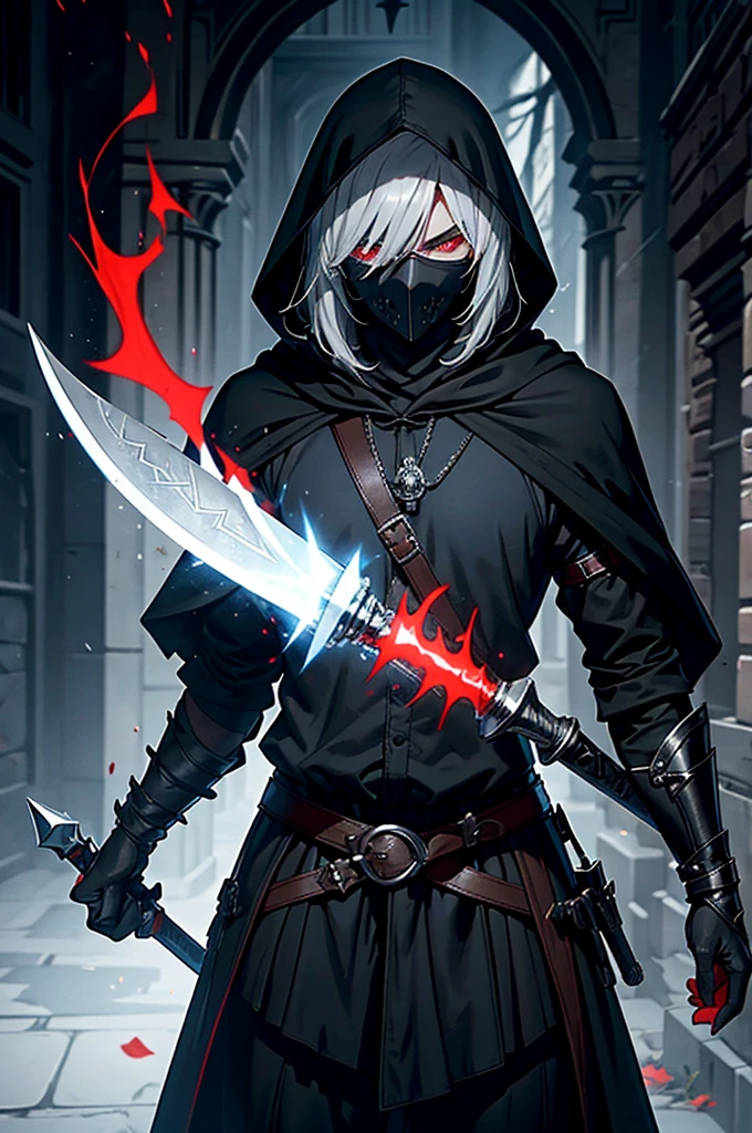 An assassin, male, fantasy character, physically strong, wearing a skull mask covering his face and eyes, dressed in black medieval attire, with a white hooded cloak over it, gray hair, short hair, red eyes, holding a dagger, nighttime background.
