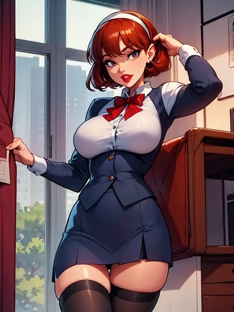 Sharona, wearing a navy office suit, white shirt, navy skirt,red lips,hairband, black tights, high quality, 