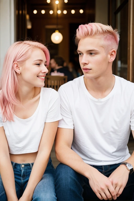 A young cute blonde white man sitting together with a cute girl with pink hair on the square