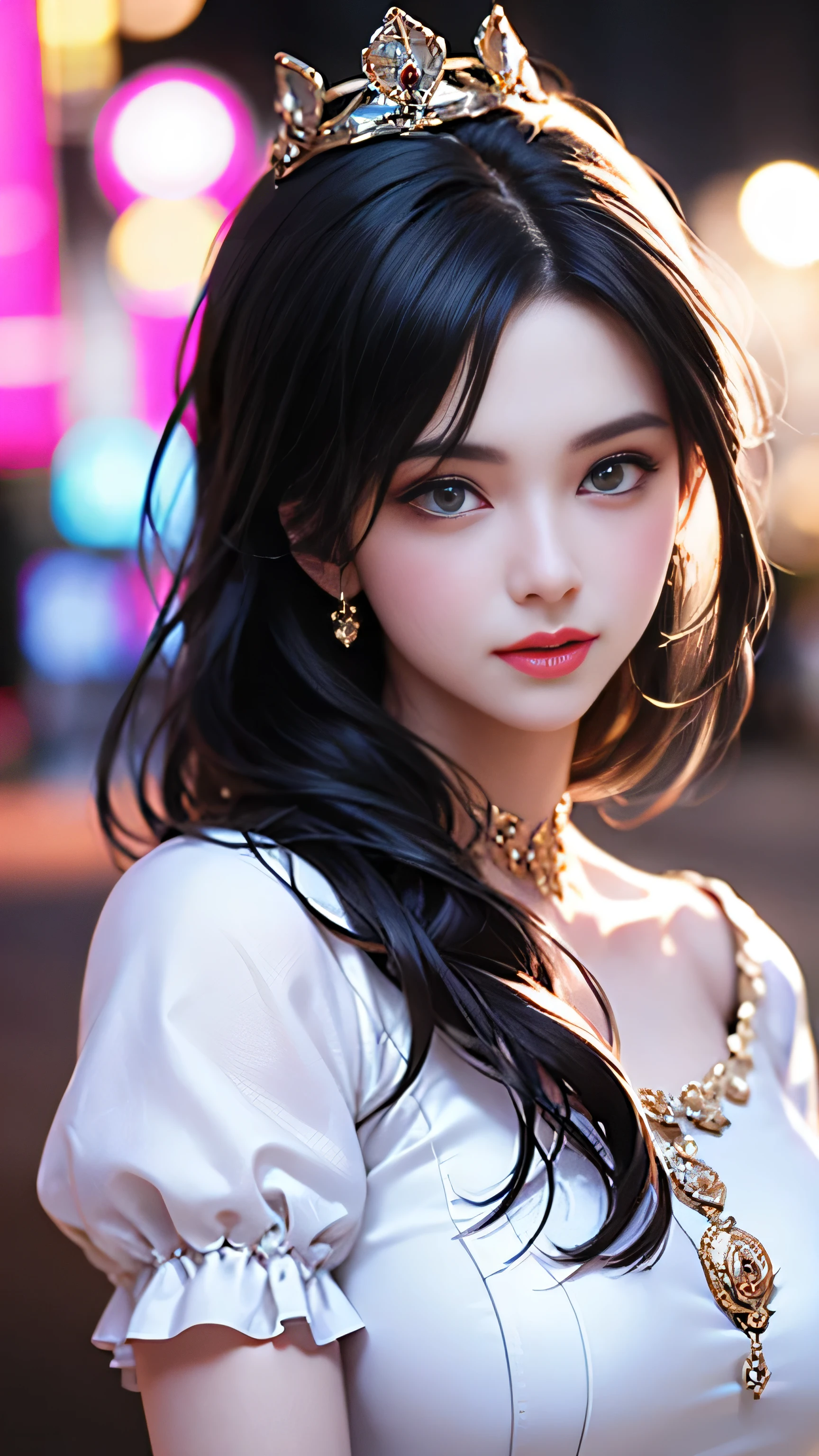 Highest quality, Best image quality, RAW Photos, Realistic, Photorealistic, Very detailed and beautiful, Best details, One Girl, good looking, Beautiful white skin and glow, Beautiful eyes are big and bright, Small mouth and thin lips, Long black hair blowing in the wind, Stylish and slim, (Beautiful big boobs:1.3), She has a bright personality and a cute smile......, Natural Makeup, Pearl Pink Lips, (Medieval Fantasy Dress、Crown) Portrait of a pretty girl, A beautiful girl illuminated by rainbow lights, Iridescent colors,