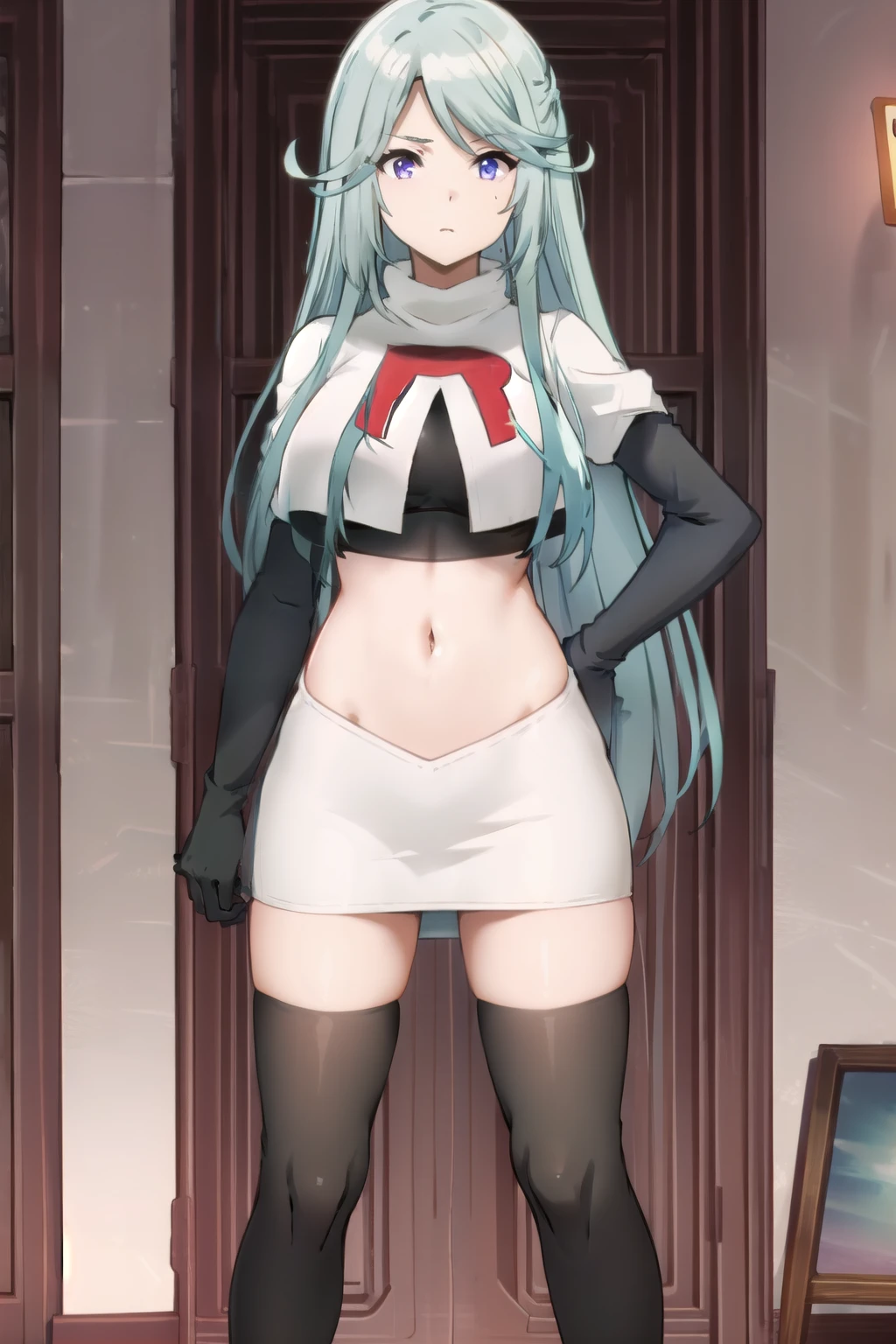 tall body, tall, long legs, mature female, mature, adult, simple background,
 eft_eminence_epil, 1girl, twintails, purple eyes, long hair, looking at viewer, solo focus, bangs, blue hair, indoors, very long hair, breasts, sidelocks, team rocket,team rocket uniform,white skirt,red letter R,crop top,black thigh-highs,black elbow gloves