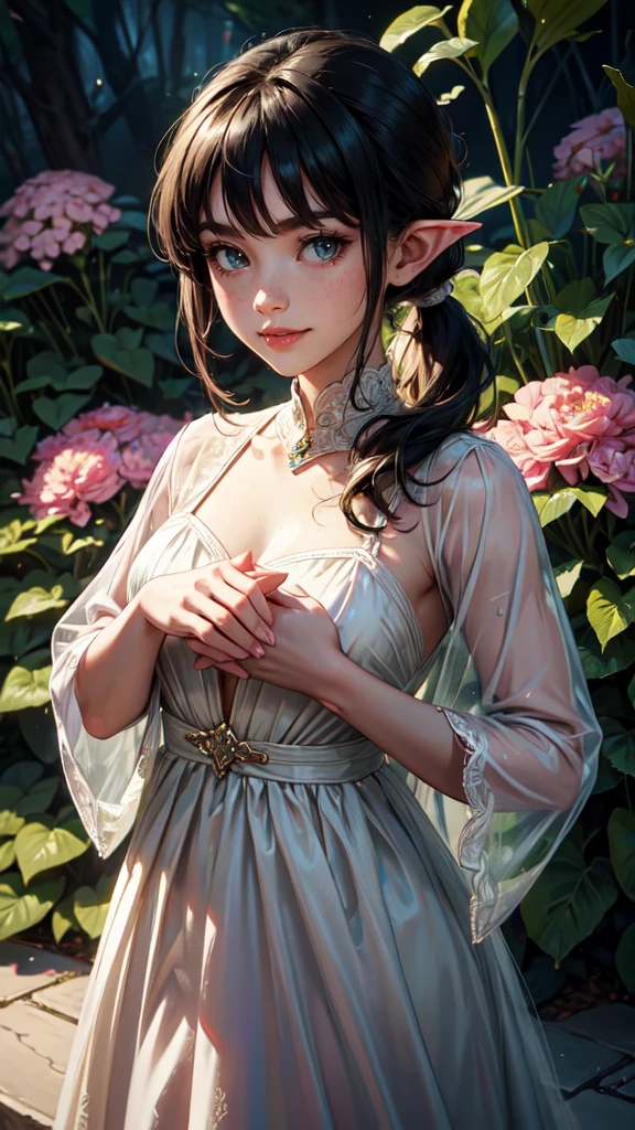 highres, masterpiece, perfect lighting, bloom, cinematic lighting, adult, female, looking at viewer, clamj, a woman in a dress standing in front of a wall of flowers, edgLRS dress, wearing edgLRS, side-swept bangs, black hair, pink IncursioDipDyedHair, messy mid ponytail, green eyes, thick eyebrows, freckles, smile,detailed eyes, detailed hands, detailed face, drops of water, drops, full body, elf woma
