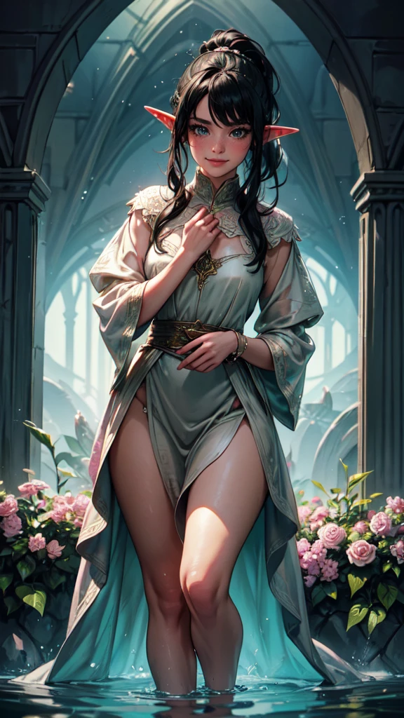 highres, masterpiece, perfect lighting, bloom, cinematic lighting, adult, female, looking at viewer, clamj, a woman in a dress standing in front of a wall of flowers, edgLRS dress, wearing edgLRS, side-swept bangs, black hair, pink IncursioDipDyedHair, messy mid ponytail, green eyes, thick eyebrows, freckles, smile,detailed eyes, detailed hands, detailed face, drops of water, drops, full body, elf woma