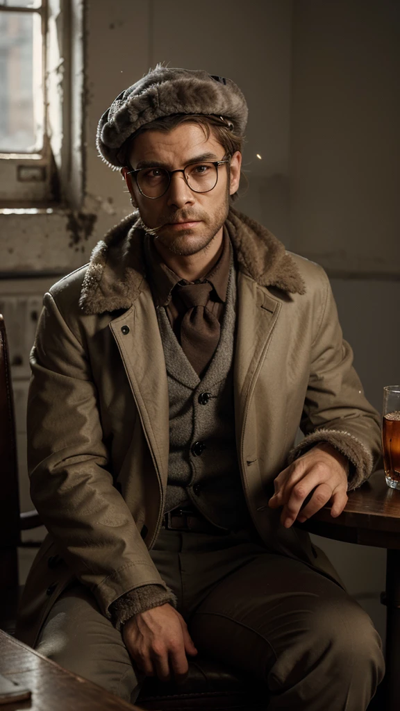 a man with rough youthful features and light gray hair is wearing fur boots, military coat with fur collar, gloves,on the face there are glasses with square frames, the lenses sparkle in the light, a Soviet earflap on the head of a man with a Soviet star on it, solo, scar on eyebrow,scar on the lip,he himself stared at the viewer with a serious gaze,pale yellow eyes with a small pupil,the man himself inspires fear,his eyes emit a slight glow he himself is in twilight,there are square-framed glasses on his face and half of it is occupied by a fresh burn scar,he holds a slightly smoking cigarette in his hand, raised to his mouth,khaki pants,he sits on the right side of the table,on a chair, looking defiantly at the viewer and raising the barrel of a pistol towards the viewer with his other hand,continuing to smoke stigara,there is a book by Dostoevsky on the table and a bloody puddle nearby