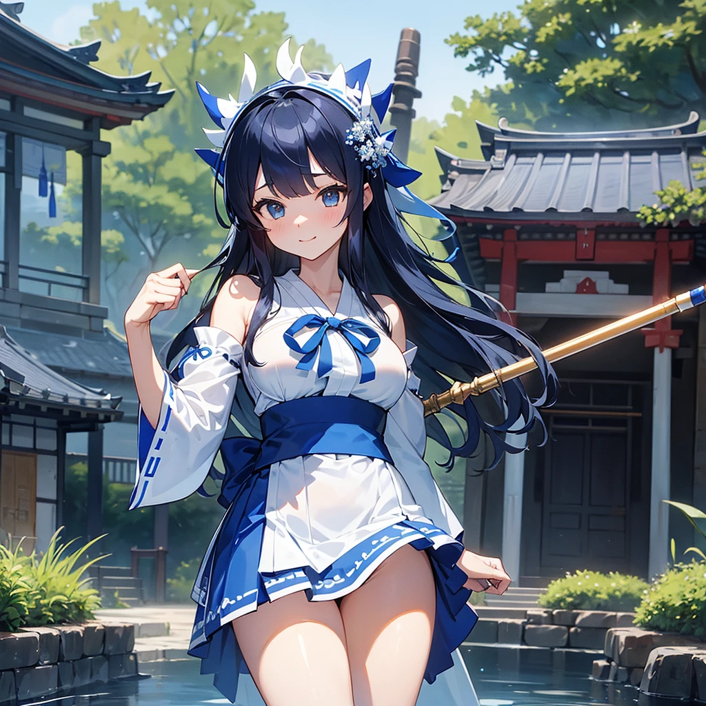 masterpiece,Highest quality,High resolution,Super detailed,hyper quality, highly detailed, (((gripping Big Spear))), The best smile、(((Blue and white shrine maiden costume))), (((青いmicro mini skirt))), Black hair straight、long hair、I don't wear anything on my feet、(((Blue Big Ribbon))), Large slit eyes、Straight bangs、Big Breasts、Blue sleeves、A girl about 17 years old、Height: 165cm、Are standing、Shrine Background