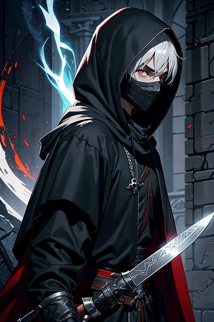An assassin, male, fantasy character, physically strong, wearing a skull mask covering his face and eyes, dressed in black medieval attire, with a white hooded cloak over it, gray hair, short hair, red eyes, holding a dagger, nighttime background.