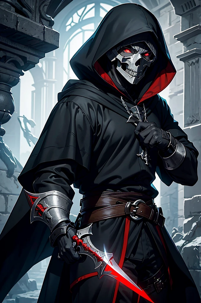 An assassin, male, fantasy character, physically strong, wearing a skull mask covering his face and eyes, dressed in black medieval attire, with a white hooded cloak over it, gray hair, short hair, red eyes, holding a dagger, nighttime background.