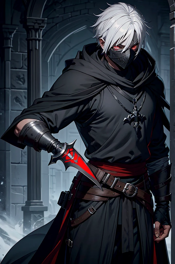 An assassin, male, fantasy character, physically strong, wearing a skull mask covering his face and eyes, dressed in black medieval attire, with a white hooded cloak over it, gray hair, short hair, red eyes, holding a dagger, nighttime background.