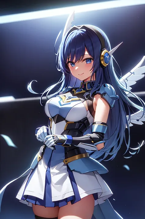 mecha wings、blue skirt、thighs、tights、chest、beautiful blue hair、1 girl、solo girl、is、frame arms girl、alice gere aegis、armor、income...