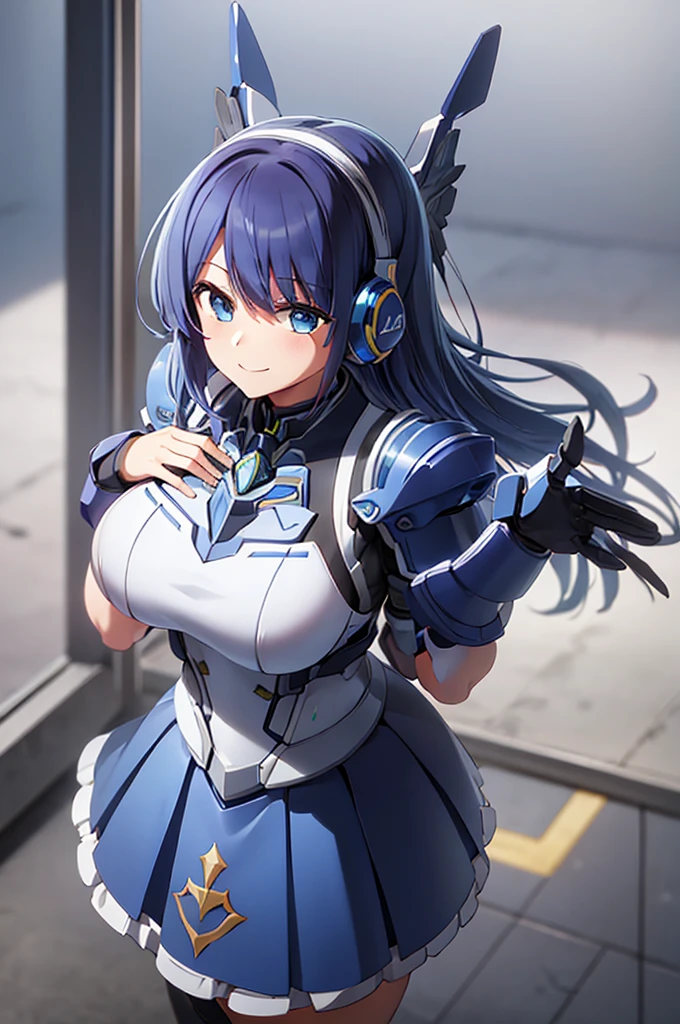 mecha wings、Blue Skirt、tights、chest、Beautiful blue hair、1 girl、solo girl、IS、Frame Arms Girl、Alice Gere Aegis、armor、income、headphone、hand on own chest、smile、idol woman