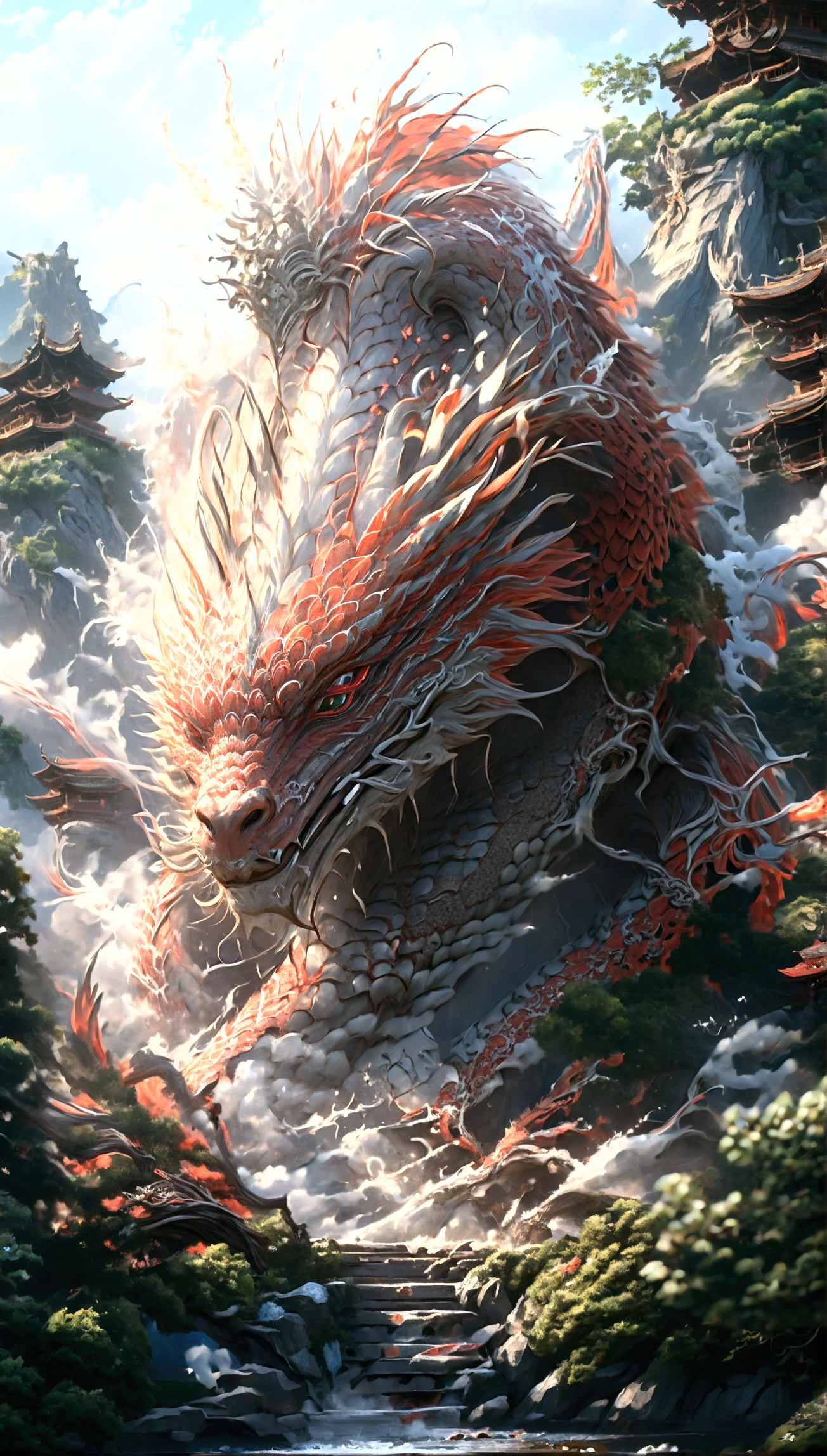 Create a digital artwork that captures a majestic red Chinese dragon soaring above a temple situated on a mountain. The temple features intricate architecture, with ornate roofs and detailed carvings, surrounded by lush trees and rugged rocks. A winding staircase leads up to the temple, and a solitary man is seen walking up the stairs, his form small in comparison to the grandeur of the scene.
The dragon, colossal in size, has a serpentine body that is visible in its entirety, revealing its majestic red scales. It has three antler-like horns on each side of its head, adding to its regal appearance. The dragon’s face is in sharp focus, displaying intricate scales and piercing eyes that gazeCreate a digital artwork that captures a majestic red Chinese dragon soaring above a temple situated on a mountain. The temple features intricate architecture, with ornate roofs and detailed carvings, surrounded by lush trees and rugged rocks. A winding staircase leads up to the temple, and a solitary man is seen walking up the stairs, his form small in comparison to the grandeur of the scene.
The dragon, colossal in size, has a serpentine body that is visible in its entirety, revealing its majestic red scales. It has three antler-like horns on each side of its head, adding to its regal appearance. The dragon’s face is in sharp focus, displaying intricate scales and piercing eyes that gaze down at the man below. The texture of its skin should be hyper-detailed, capturing the realism of each scale and the subtle nuances of its expression.
The overall scene should be rendered in super-realistic, hyper-detailed 4k and 8k resolution, emphasizing the fine details of the dragon’s face, the temple, and the natural surroundings. The atmosphere should evoke a sense of awe and wonder, highlighting the ancient and mystical essence of the dragon as a guardian of the mountain temple.undefined, undefined, undefined, undefined, undefined, undefined, undefined, undefined, undefined, undefined,