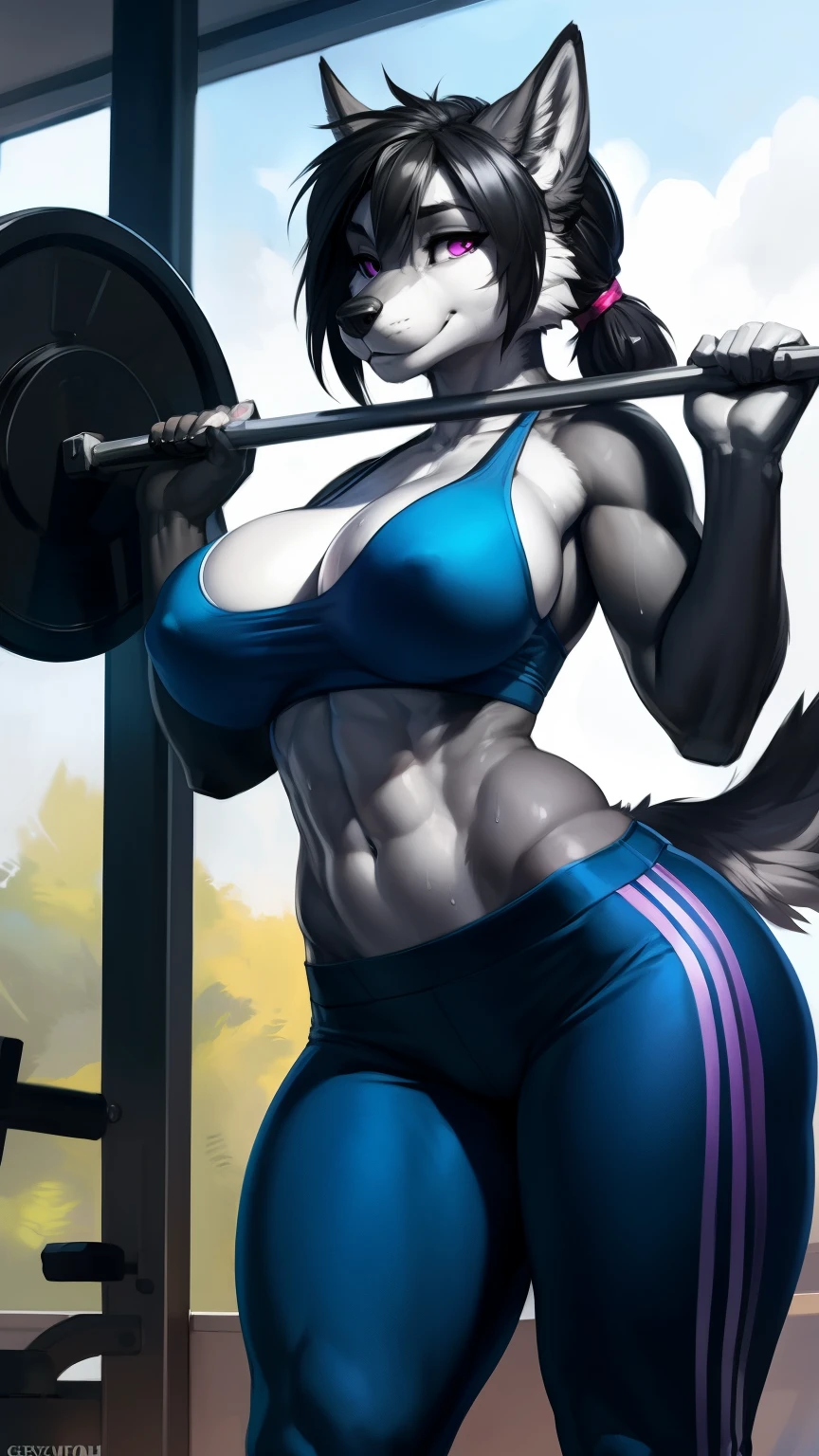 (anthro)) wolf, Ross Tran, by ruan jia, by zaush, by foxovh, by cutesexyrobutts, by cervina_7, by sligarthetiger, Best Quality, masterpiece,, Illustration, Wallpaper,1girl in, Solo, black hair,ponytail hair, hair black with highlights blue, dot piercings 3 in 2 row down her snoot, purple/pink eyes, Beautiful detailed girl, extremely detailed eye and face, black dragon tattoo on her arm, Beautiful detailed eyes, natural_Lighting, Looking at Viewer, Thick_thighs, big ass, tall, hourglass figure, fit body, abs, sweaty, female, cute, wearing gym cloths, in gym, bench pressing, lifting bar with weights, view from top to bottom , large breasts, natural breasts, tail, tall, happy expresion, wide hips thin waist, 8k