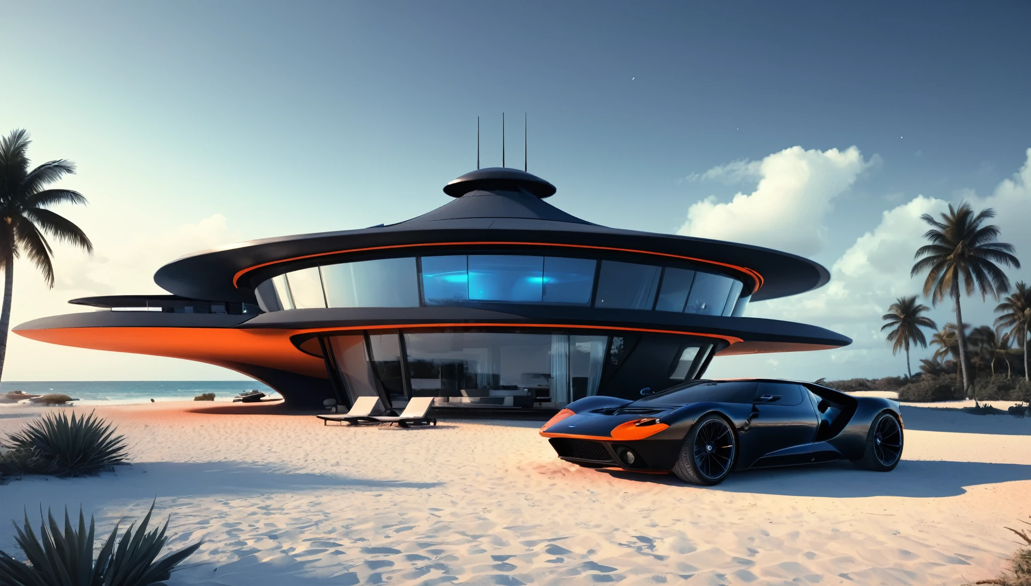 a futuristic house with rooftop satelite dish and antenna array, with a black Ford Model T parked in front of it, on the beach, cgsocietywlop, beautiful curves, intricate devilish designs, qualia, interesting shapes & form, wow factor, elaborate polished, architectural rendering, miami, bioluminescent, colorfull, glow fluid, blue and orange soft lighting in interior of house, futuristic battlefield, inspired by James E. Brewton, precise architectural rendering