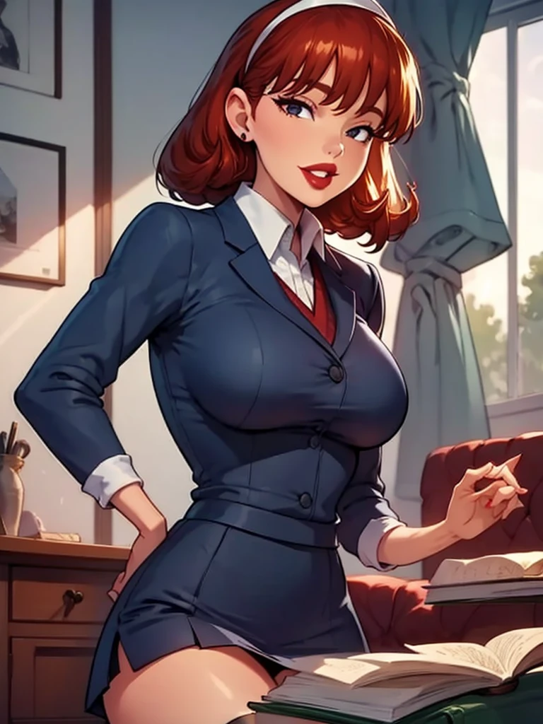 Sharona, wearing a navy office suit, white shirt, navy skirt,red lips,hairband, black tights, high quality, 