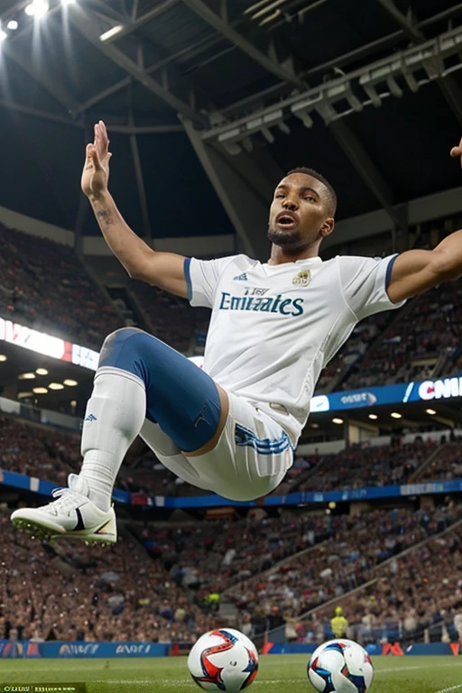 Neymar JR, in a stadium, Estradio Santiago Bernabéu, wearing Real Madrid shirt, realistic, bright lights, bowing to the camera, handsome, Neymar Jr, wearing Real Madrid shirt, real Madrid football club, white shirt, real Madrid CF shirt, bicycle kick, goal score, goal celebration