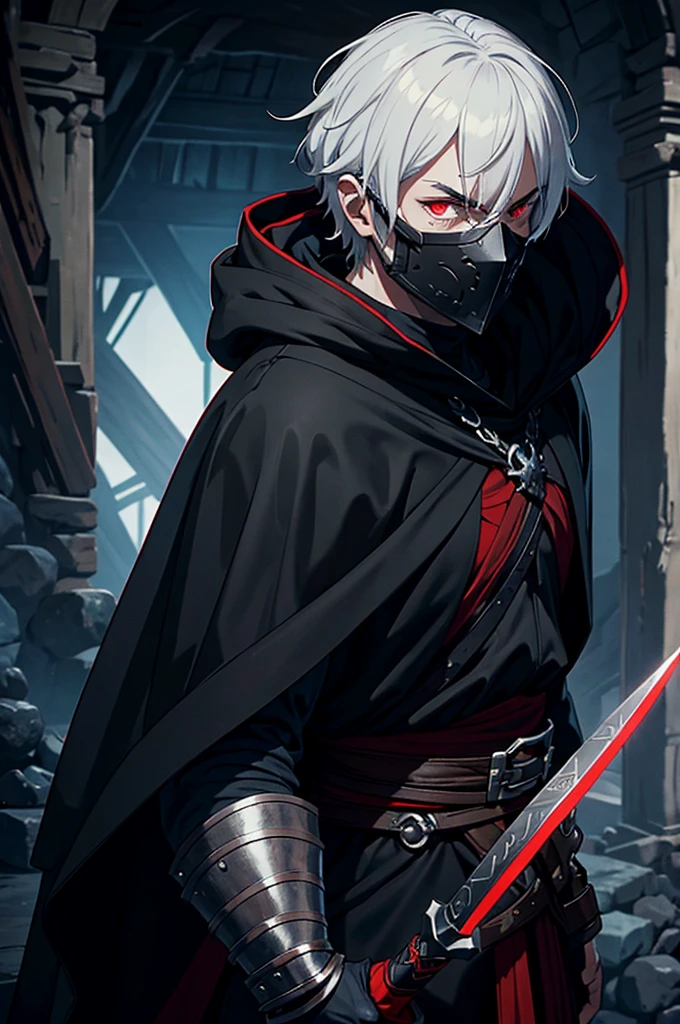 An assassin, male, fantasy character, physically strong, wearing a skull mask covering his face and eyes, dressed in black medieval attire, with a white hooded cloak over it, gray hair, short hair, red eyes, holding a dagger, nighttime background.