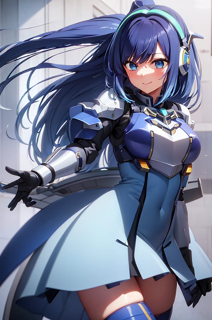 mecha wings、Blue Skirt、Thighs、tights、chest、Beautiful blue hair、1 girl、solo girl、IS、Frame Arms Girl、Alice Gere Aegis、armor、income、headphone、hand on own chest、smile、idol woman