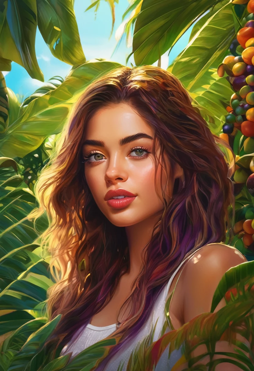 photorealistic, 1girl, beautiful detailed eyes, beautiful detailed lips, extremely detailed face and hair, medium: digital painting, açai fruit, vibrant colors, natural lighting, detailed textures, lush tropical environment, dense foliage, sunlight filtering through leaves, warm color palette, high definition, 8k, masterpiece