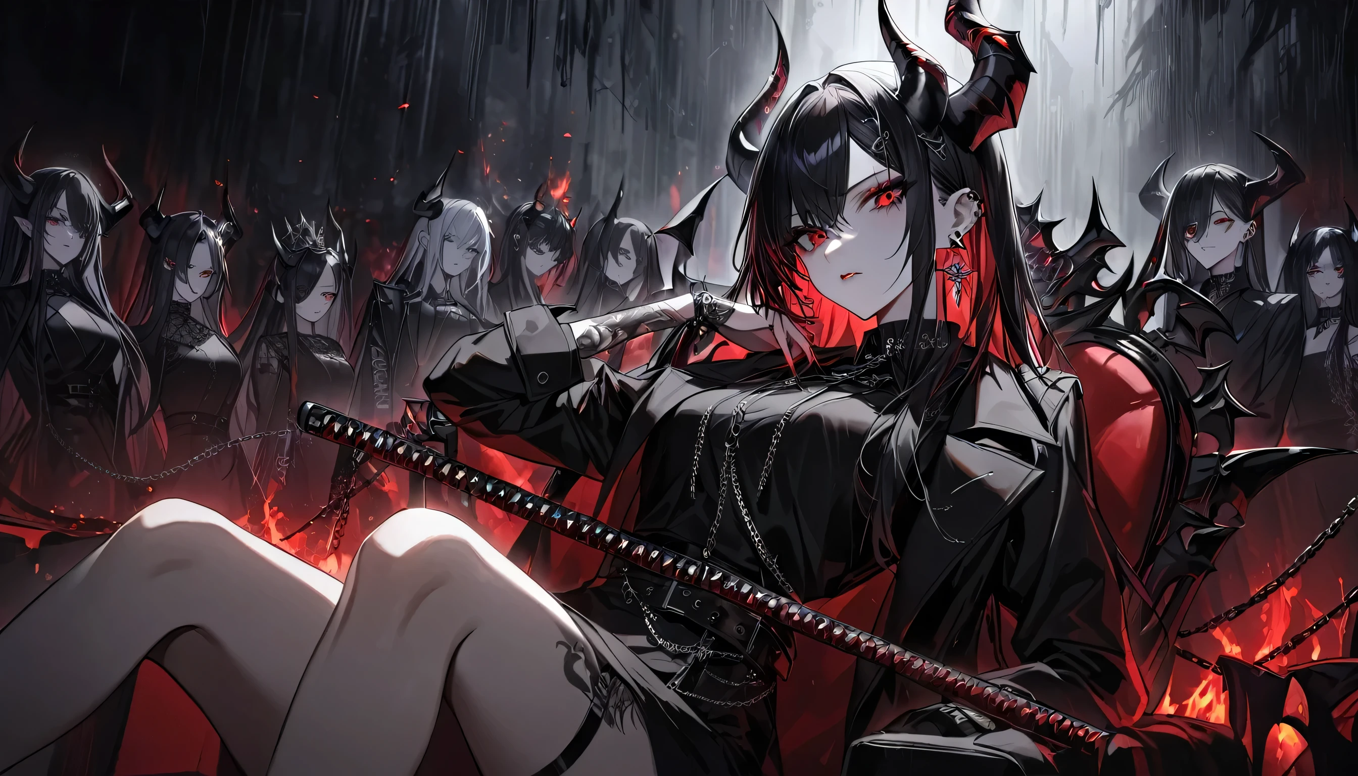 gorgeous Korean woman with long dark hair with sidecut, red eyes, vocalist of a black metal band, full of tattoos, wearing black clothes, posing for photo , gloomy atmosphere, pale lights, dark environment, Black shirt, White Thailand, Black Trench Coat, Royal Silver Jewellery, Royal Demon Earrings, Black horns, Demon Crown, Demonic Katana, Chain, On Back, Demonic Black flames Aura, sitting on demonic throne gorgeous Korean woman with long dark hair with sidecut, vocalist of a black metal band, full of tattoos, wearing black clothes, posing for photo with the band behind, gloomy atmosphere, pale lights, dark environment