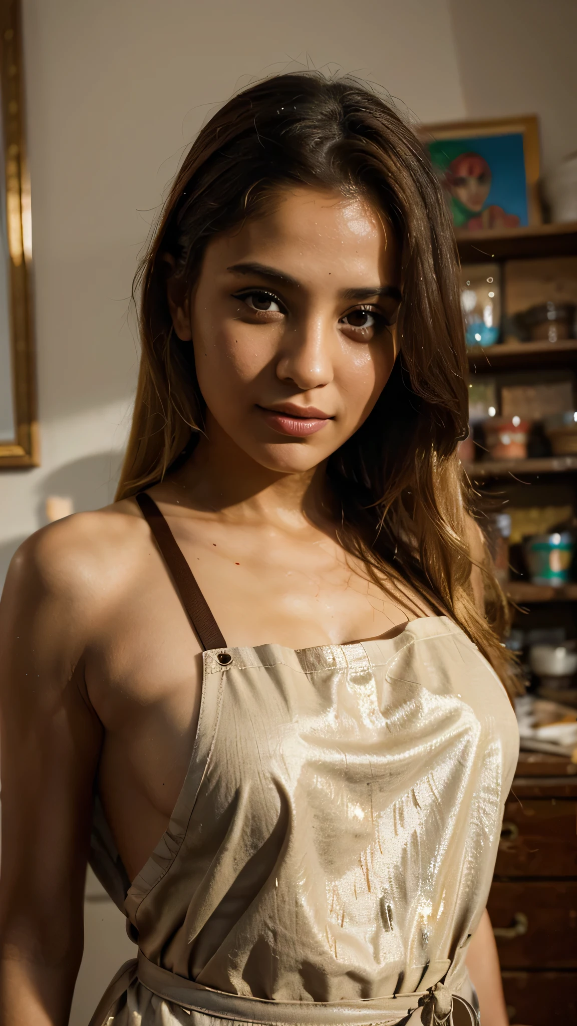 young arabic woman, blond medium hair, brown eyes, 32 years old, artist, painting, wearing apron stained with paint