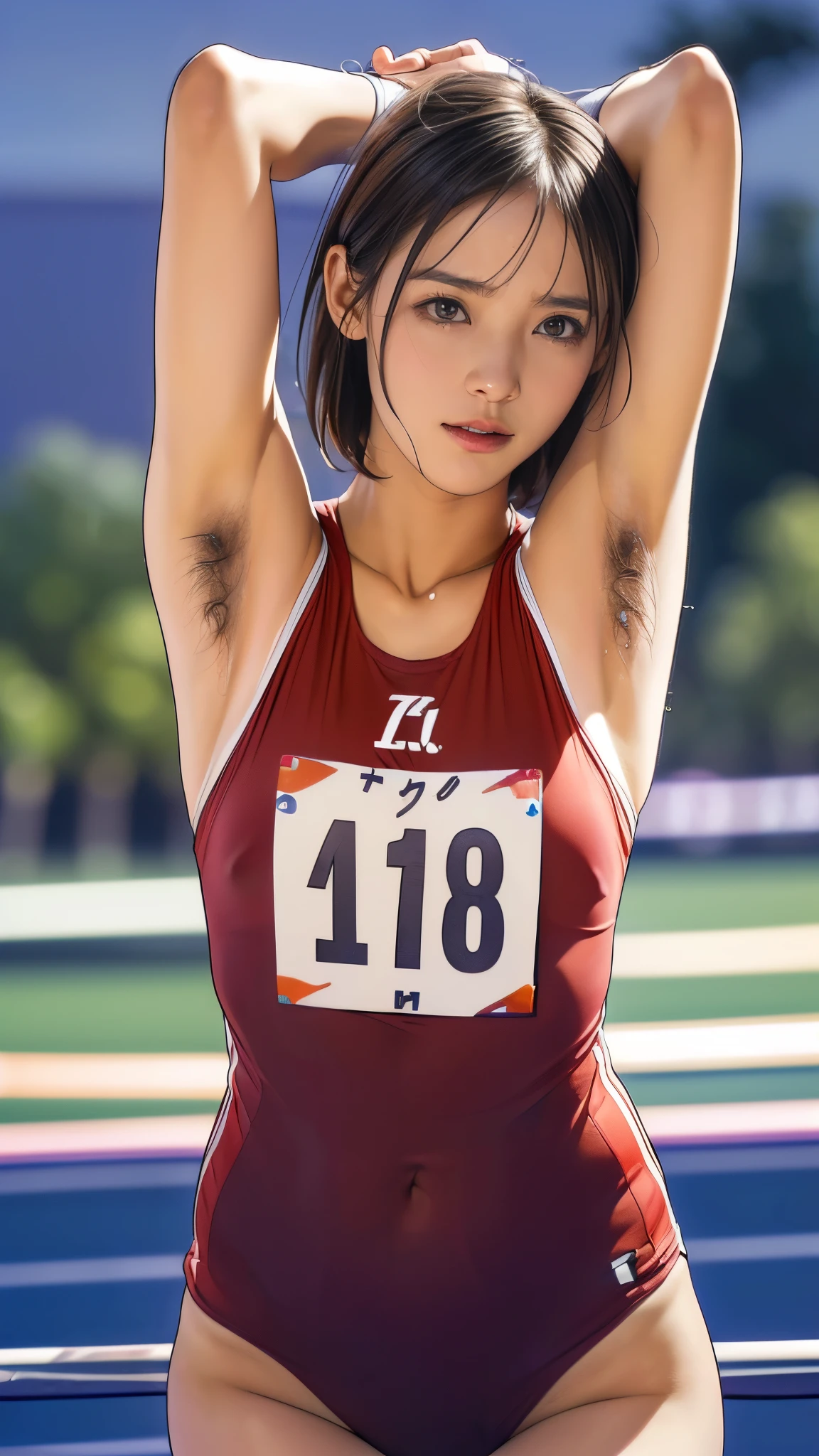 (:1.5, Very slim:1.5, Very thin arms:1.5, Very Short Hair), (Tabletop:1.3), (8k, Realistic, RAW Photos, Highest quality: 1.4), (Shortcuts:1.3), ((Cute type, Big eyes, Droopy eyes, A pained cry, shout:1.4、Stretch your arms:1.3)), (Real Skin), Beautiful Skin, 超High resolution, Ultra-realistic, High resolution, (夜のAthletics場, Track and Field:1.5), Athletics, (Show me your armpit hair:1.4)