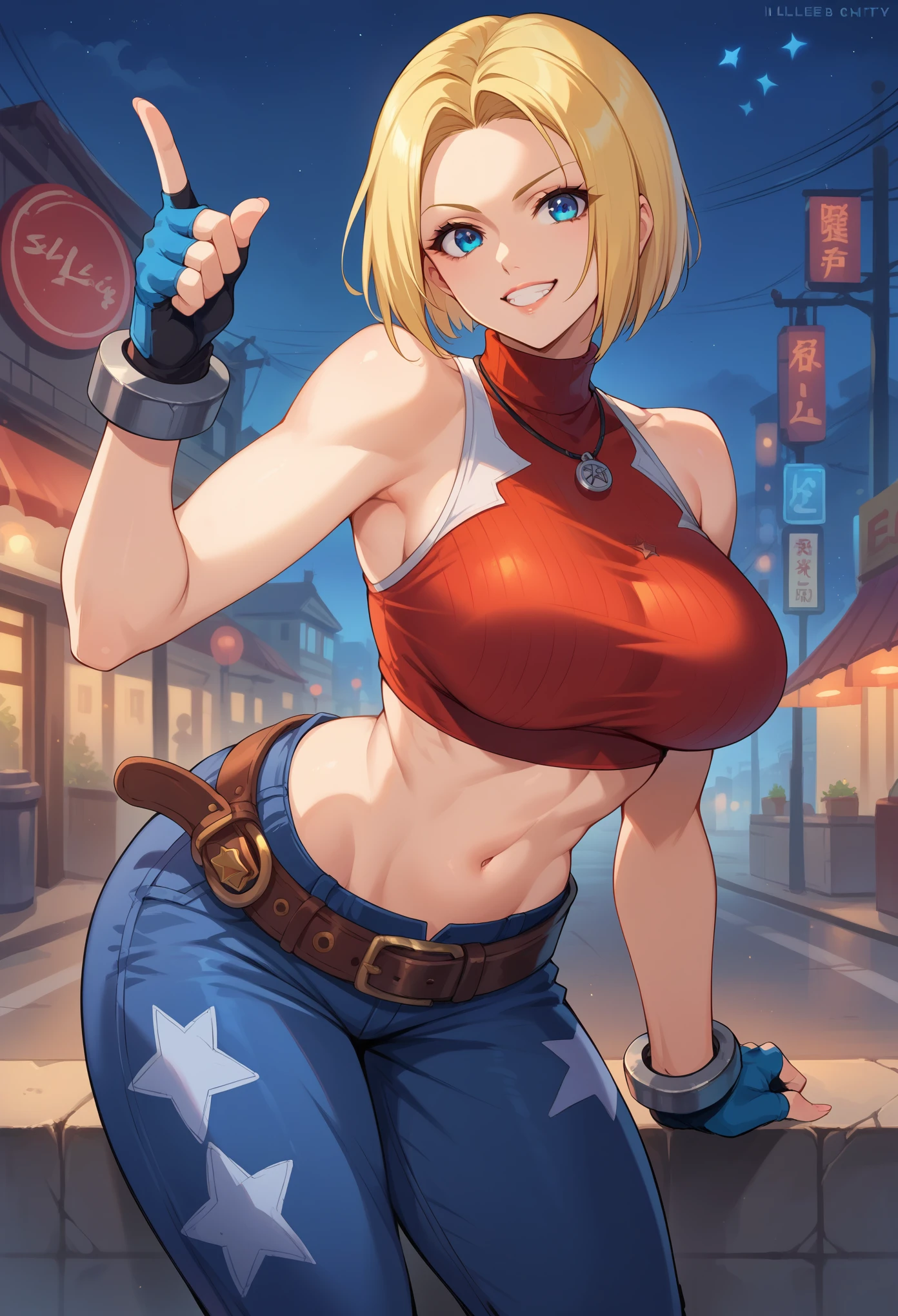 score_9, score_8_up, score_7_up, 1girl, solo, BlueMary, short hair, blue eyes,pants, crop top, turtleneck, belt, large breasts, necklace,fingerless gloves, standing, cuffs on the hips, leaning forward, grin, star on pant, standing, looking at you, night, street, illimunated city
