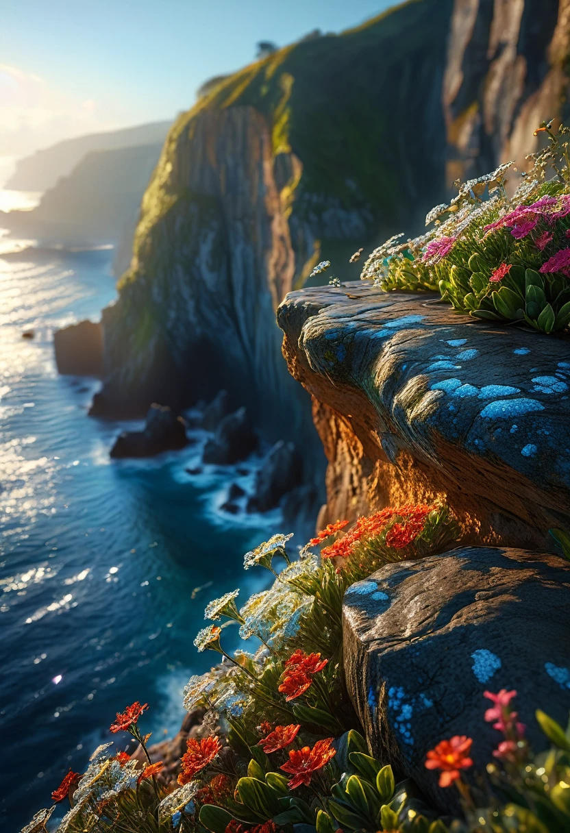 a stunning landscape of a cliff overlooking the ocean, early morning sunlight glistening on the dewdrops of the flowers, dramatic lighting, hyper-realistic, intricate details, high resolution, natural lighting, cinematic, photorealistic, (best quality,4k,8k,highres,masterpiece:1.2),ultra-detailed,(realistic,photorealistic,photo-realistic:1.37),HDR,UHD,studio lighting,ultra-fine painting,sharp focus,physically-based rendering,extreme detail description,professional,vivid colors,bokeh