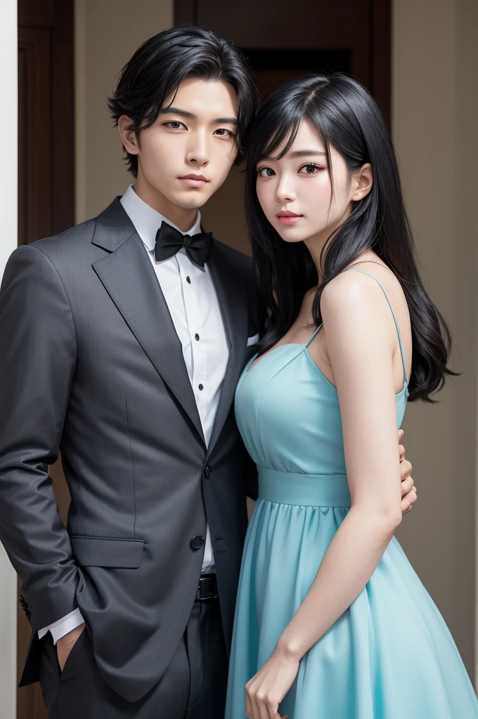 ((best quality)), ((真实感)), (detailed) perfect face, create 1 young latin woman, with black hair and green eyes, your hair is long and your boa is pink. The woman wears a dark blue dress, formal and straps. This woman is with a young Korean man, with straight black hair. The man wears a CEO suit. Com um background de um salão.