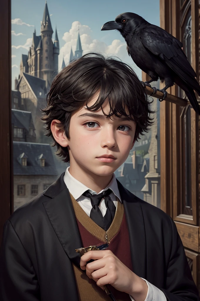 Oil painting of a boy with a raven and Hogwarts in the background