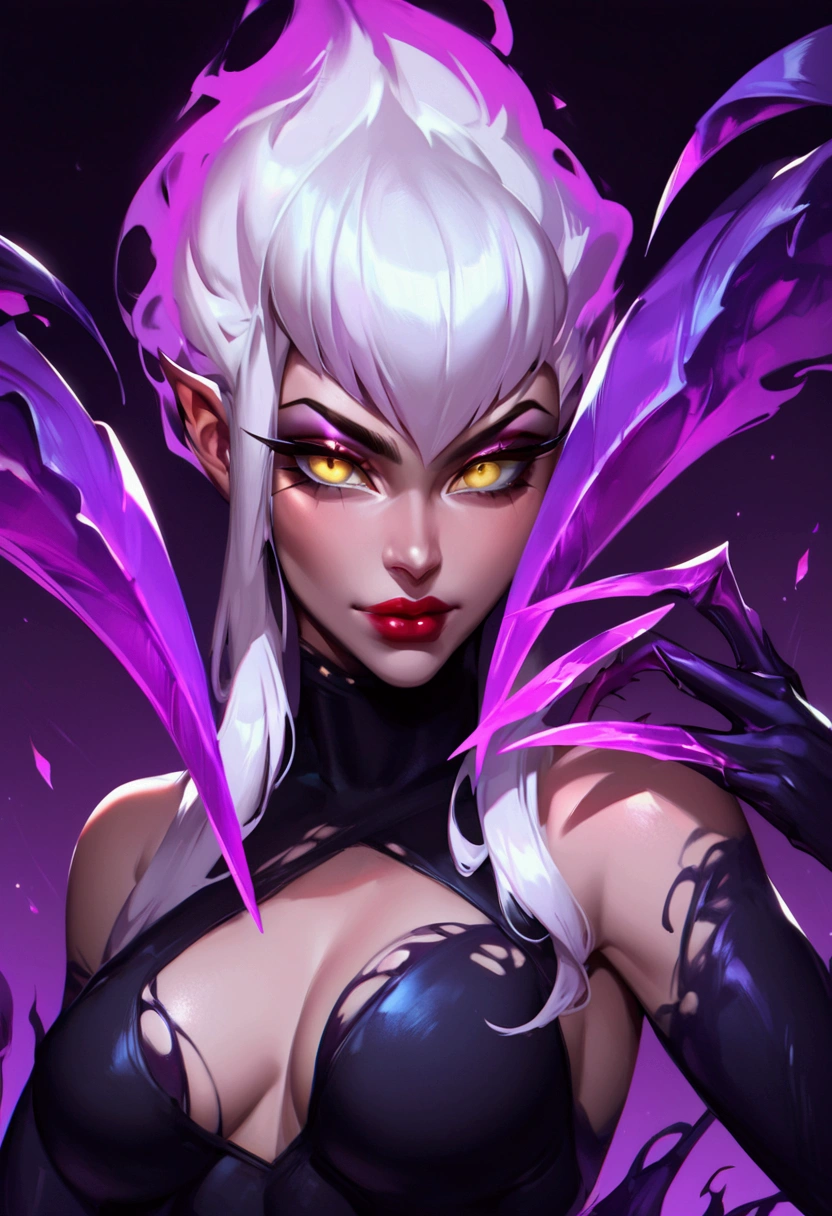 (score_9, score_8_up, score_7_up), zPDXL, 1 girl, alone, evelynn, looking at viewer, jungle, lascivious gaze, provocative face, yellow eyes, background, white hair, tight clothing, sexy body, red lips, black clothing, sharp tentacles, claws, purple, simple background, dark sexual energy, dark aura, purple claws,