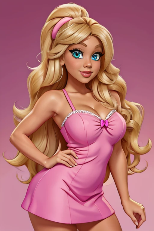 8k, a cartoon picture of a woman with long blonde hair and a pink dress, blonde - haired princess, lola bunny fanart, inspired by Tina Blondell, her skin is light brown, long blonde hair and large eyes, she has olive brown skin, cartoon artstyle, inspired by Alexis Simon Belle, disney character, long blonde hair and big eyes, disney art style