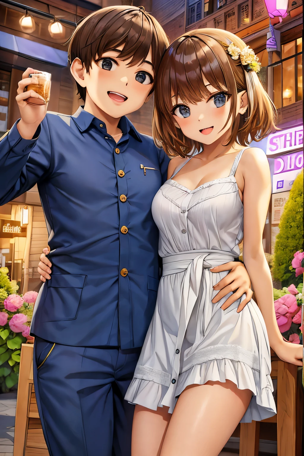 Couple at a disco , chubby man and a skinny teenager with short hair