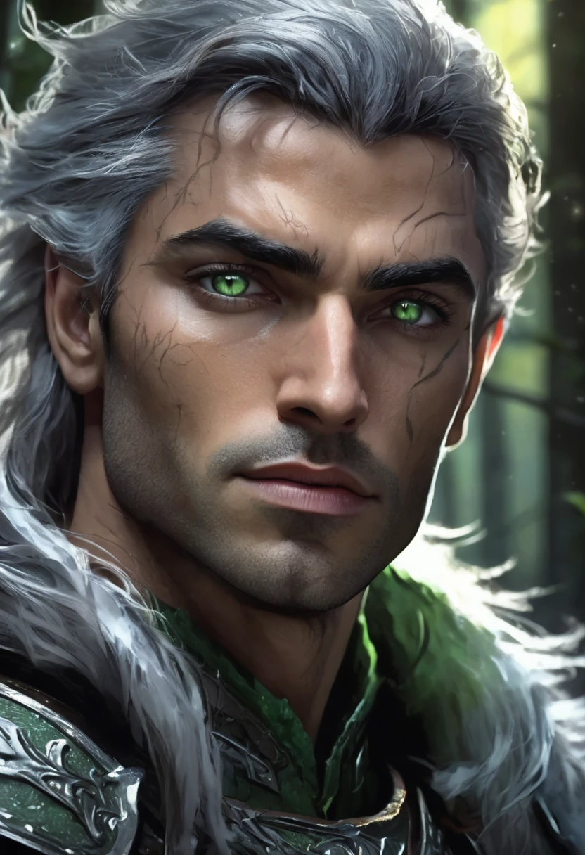 1 man, inside a forest at night with ice breeze around, wearing armor, detailed facial features, thick eyebrows, masculine green eyes, detailed tanned skin, dark man, messy silver hair, short elf ears, dramatic lighting, cinematic composition, dark palette, dark colors, atmospheric fog, square jaw, serious face, serious face, strong and handsome man, average beauty (best quality, 4K, 8K, high resolution, art: 1.2), ultra detailed (realistic, photorealistic, photorealistic: 1.37)