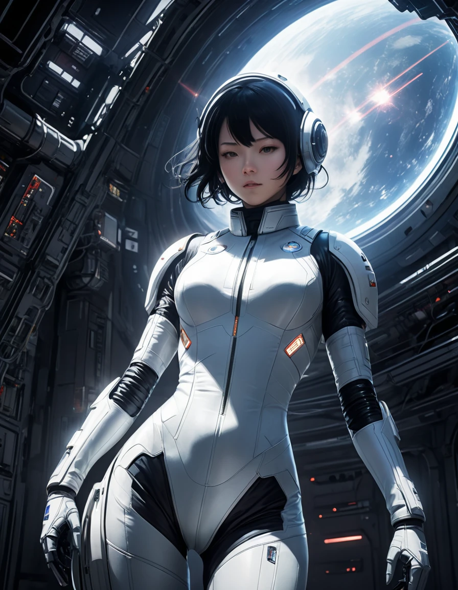 Girl in spacesuit, spaceship inside, Tsutomu Nihei style, Sidonia no Kishi, gigantism, laser generator, multi-story space, futuristic style, Sci-fi, hyperdetail, laser in center, laser from the sky, energy clots, acceleration, light flash, speed, anime, drawing, 8K, HD, super-resolution, manga graphics, Drawing, First-Person, 8K, HD, Super-Resolution --q 2 --ar 1:2