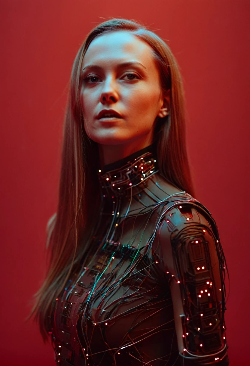 A beautiful ((evil slavic woman)), pale skin, long dark blond hair, with robotic features as a closeup shot of the face and neck, with circuitry on her skin, clean lines, minimal details, cyberpunk, full length, portrayed in profile with a red background, futuristic design, in a 2D flat composition, red tones